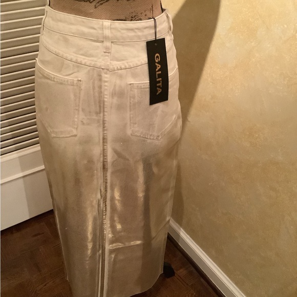 Metallic gold front silt midi denim skirt. - Picture 4 of 5
